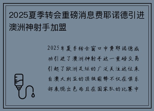 2025夏季转会重磅消息费耶诺德引进澳洲神射手加盟